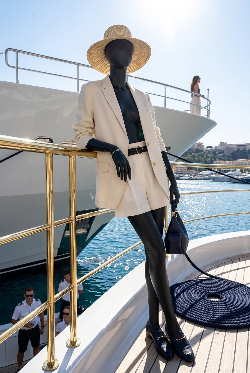 Monaco Elegance, A tailored linen ensemble that commands the deck with effortles