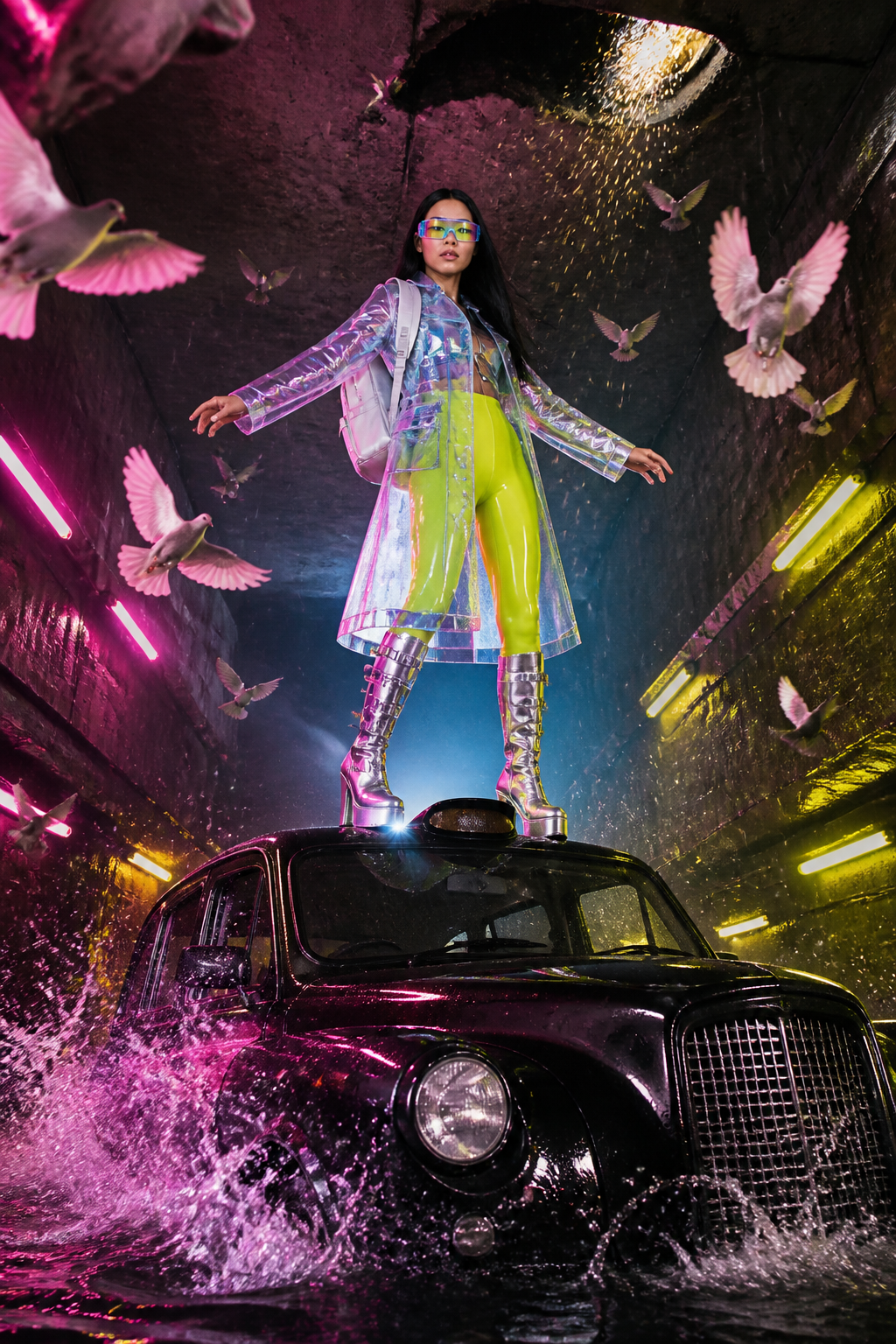 VOLT, the taxi. Holographic PVC over neon latex, chrome boots on a sinking cab, 