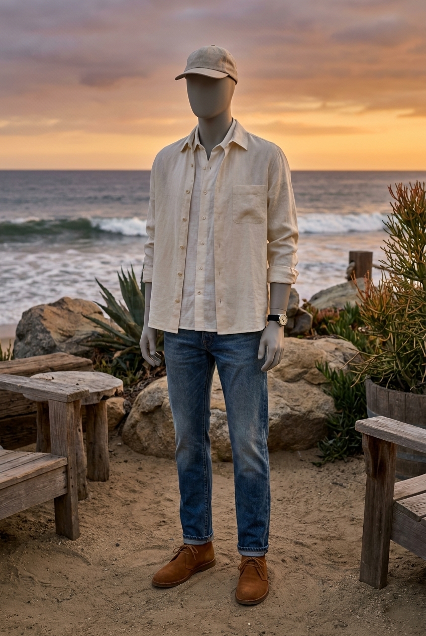 Golden Hour Drift, Unstructured linen and worn denim in muted earth tones, style