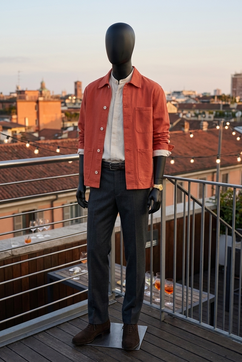 Negroni Dusk — unstructured tailoring in deep terracotta with midnight wool