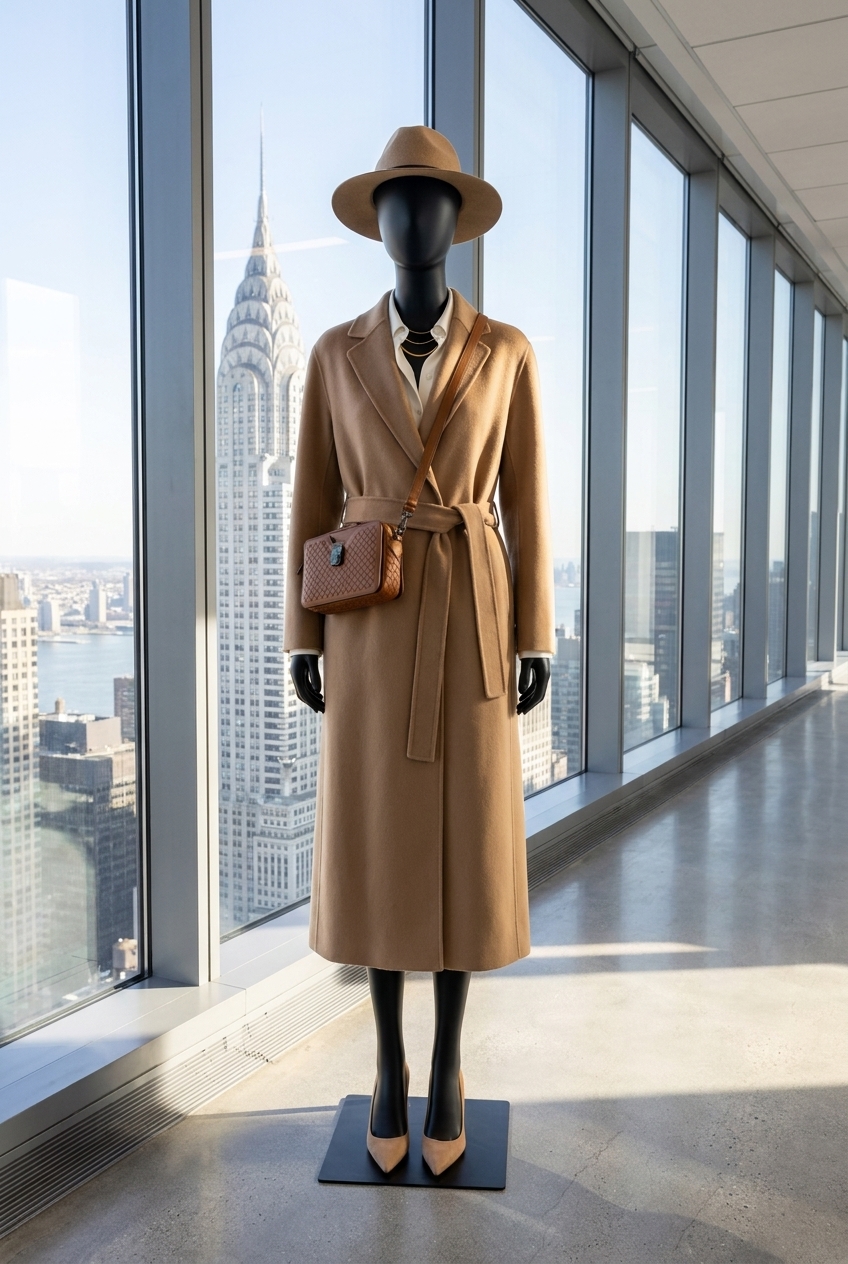 Skyline Ceremony, A tailored camel wool coat dress with silk blouse and polished