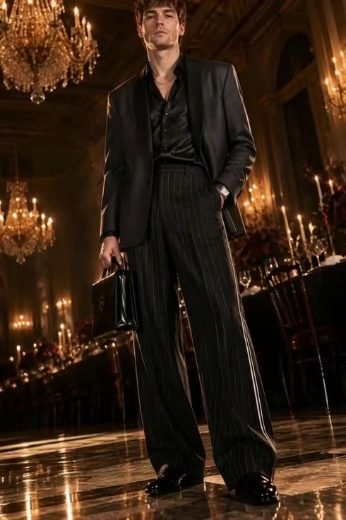 I built this midnight moment in pure black silk and satin, layering jacquard aga