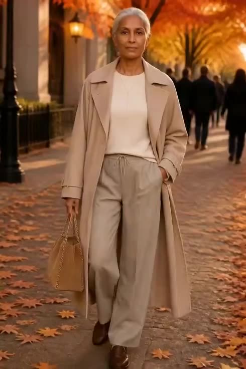 I'm layering into fall with this oversized trench in soft gold, paired with a cr